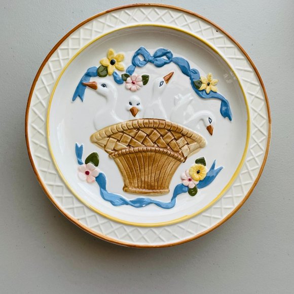 Vintage Howard Kaplan’s White Goose Blue Ribbon Embossed Ceramic Plates 9” Japan - Picture 1 of 4